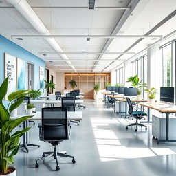 A modern office redesign featuring an open-plan layout with sleek, contemporary furniture