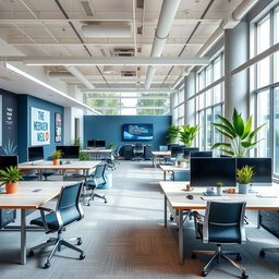 A modern office redesign featuring an open-plan layout with sleek, contemporary furniture