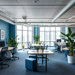 A modern office redesign featuring an open-plan layout with sleek, contemporary furniture