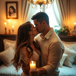 A passionate and intimate scene of a couple sharing a romantic kiss in a beautifully lit room