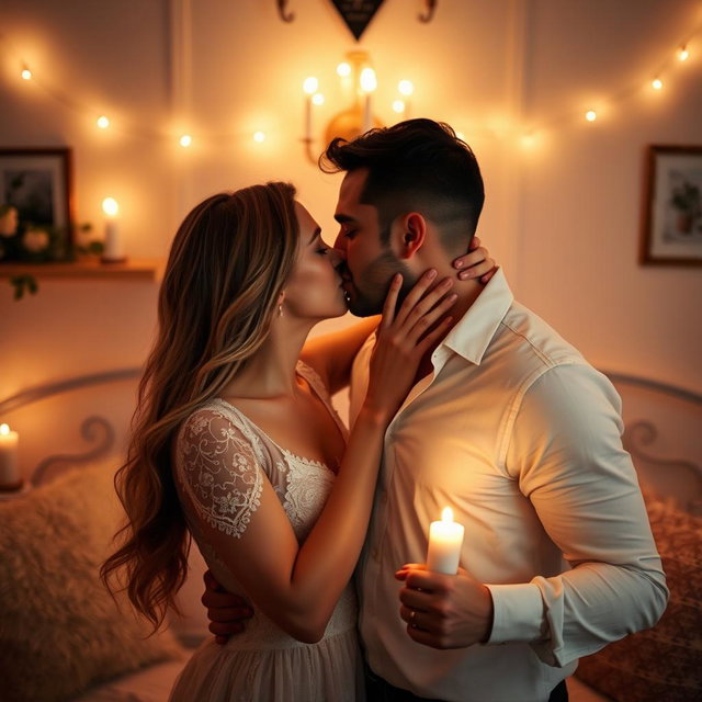 A passionate and intimate scene of a couple sharing a romantic kiss in a beautifully lit room