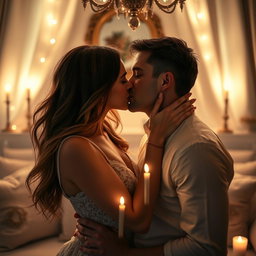 A passionate and intimate scene of a couple sharing a romantic kiss in a beautifully lit room