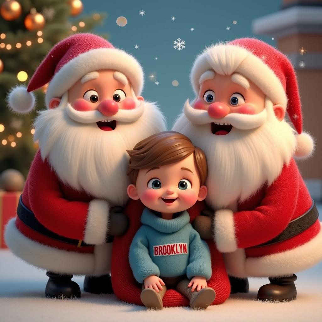 An adorable cartoonish caricature in a cute animated movie style featuring two jolly Santa Claus characters and a cheerful child