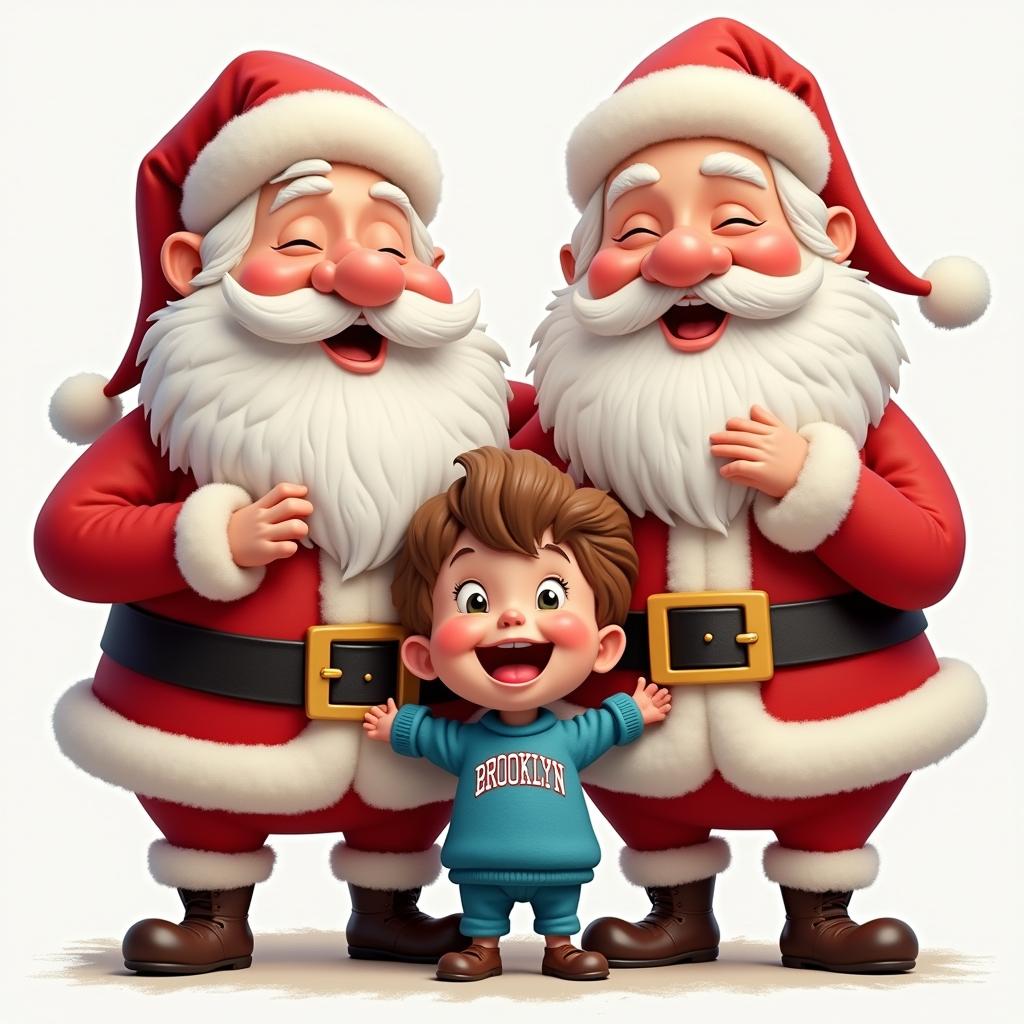 A whimsical cartoonish caricature of two Santa Claus characters and a child, preserving recognizable facial features