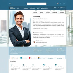 A professional LinkedIn profile layout showcasing a polished and attractive individual in a business setting