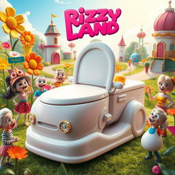 A fantastical scene set in a whimsical 'Rizzy Land', showcasing a vibrant and imaginative Skibidi Toilet car