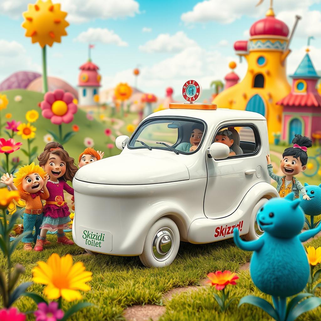 A fantastical scene set in a whimsical 'Rizzy Land', showcasing a vibrant and imaginative Skibidi Toilet car
