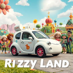 A fantastical scene set in a whimsical 'Rizzy Land', showcasing a vibrant and imaginative Skibidi Toilet car