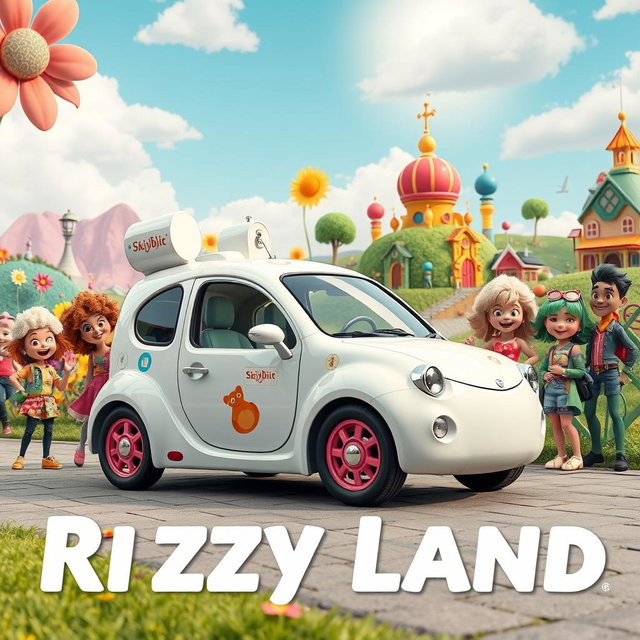 A fantastical scene set in a whimsical 'Rizzy Land', showcasing a vibrant and imaginative Skibidi Toilet car