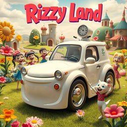 A fantastical scene set in a whimsical 'Rizzy Land', showcasing a vibrant and imaginative Skibidi Toilet car