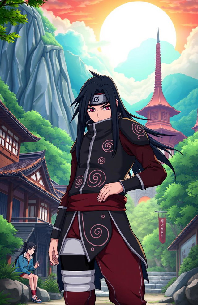 Sin Kazama, a fearless and skilled warrior with long dark hair and a striking outfit, stands confidently in the vibrant Naruto world