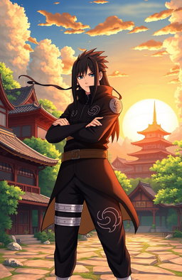 Sin Kazama, a fearless and skilled warrior with long dark hair and a striking outfit, stands confidently in the vibrant Naruto world
