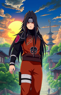 Sin Kazama, a fearless and skilled warrior with long dark hair and a striking outfit, stands confidently in the vibrant Naruto world