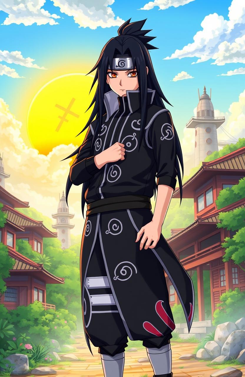 Sin Kazama, a fearless and skilled warrior with long dark hair and a striking outfit, stands confidently in the vibrant Naruto world