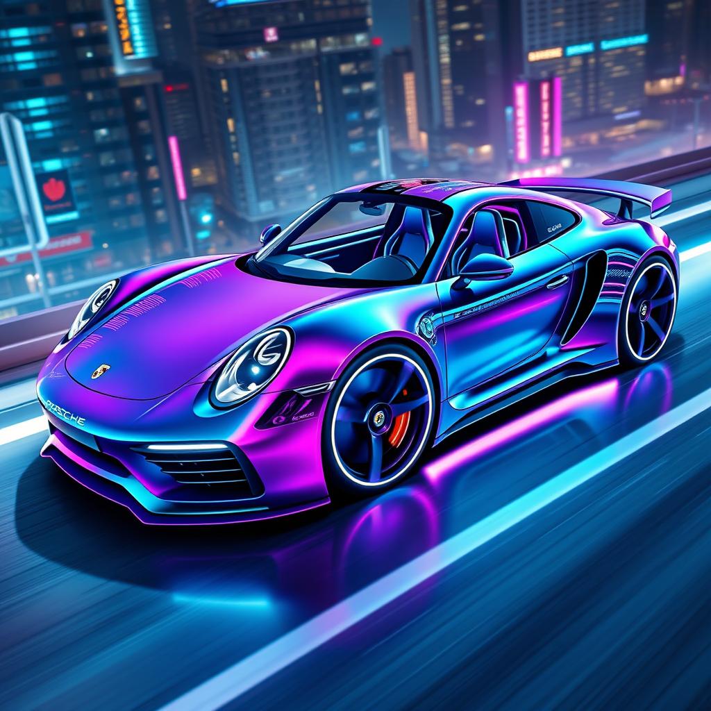 A fantastical and futuristic design of a Porsche that doesn't exist in reality, featuring bold curves and an innovative aerodynamic silhouette