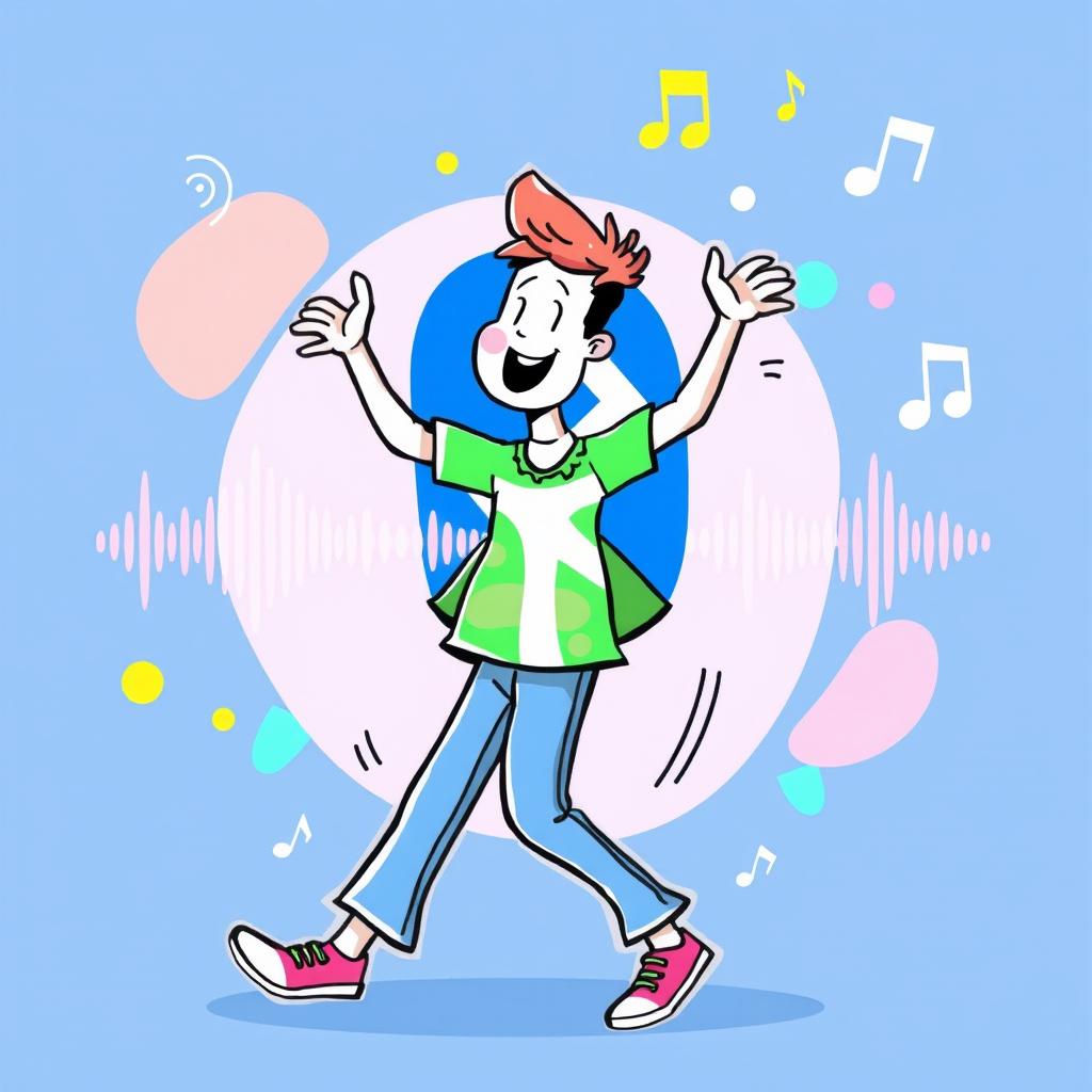 A whimsical and vibrant illustration depicting a person joyfully dancing with a large, stylized Bluetooth symbol