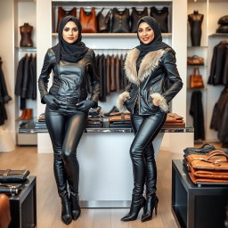 Two women wearing hijabs and full-face veils (niqabs) working in a boutique that sells tight-fitting women's leather clothing