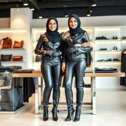 Two women wearing hijabs and full-face veils (niqabs) working in a boutique that sells tight-fitting women's leather clothing