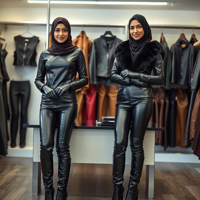 Two women wearing hijabs and niqabs, with only their eyes visible, working in a shop that sells tight-fitting leather women's clothing