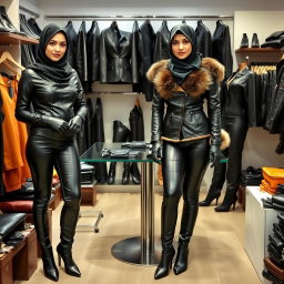 Two women wearing hijabs and niqabs, with only their eyes visible, working in a shop that sells tight-fitting leather women's clothing