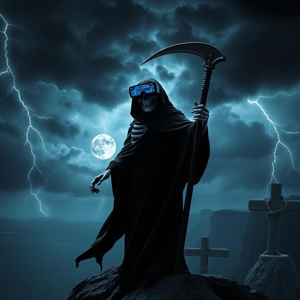 A dark, ominous Grim Reaper figure wearing futuristic FPV (First Person View) goggles, with a flowing black cloak and skeletal hands