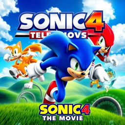 A dynamic and colorful poster for 'Sonic 4: The Movie', featuring Sonic the Hedgehog in an action-packed pose, running at high speed with a determined expression on his face