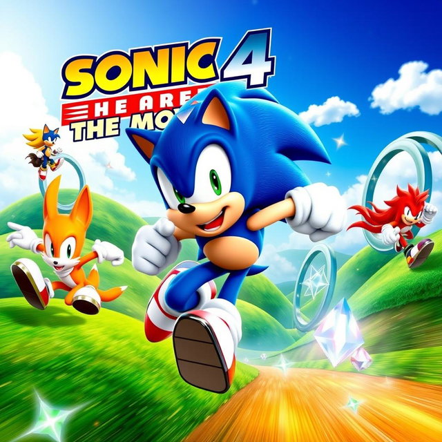 A dynamic and colorful poster for 'Sonic 4: The Movie', featuring Sonic the Hedgehog in an action-packed pose, running at high speed with a determined expression on his face
