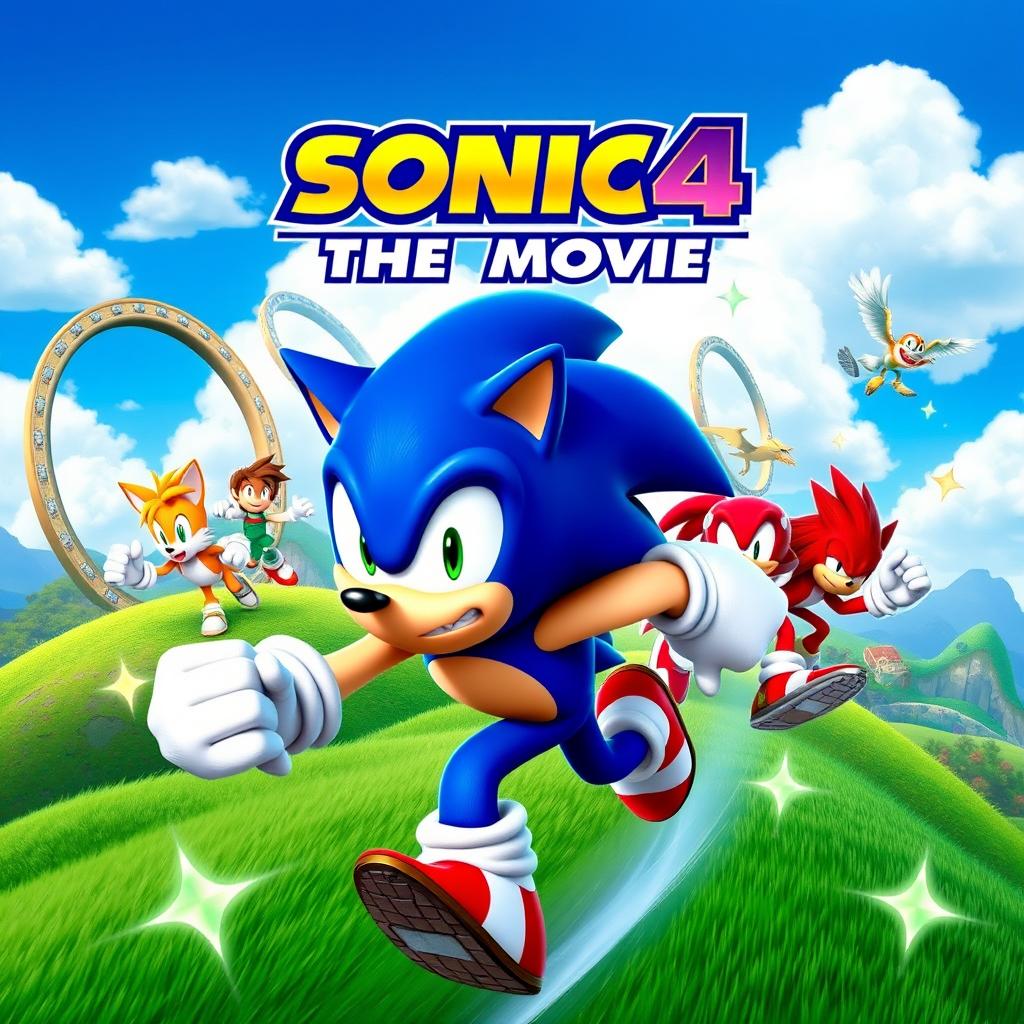 A dynamic and colorful poster for 'Sonic 4: The Movie', featuring Sonic the Hedgehog in an action-packed pose, running at high speed with a determined expression on his face