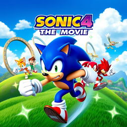 A dynamic and colorful poster for 'Sonic 4: The Movie', featuring Sonic the Hedgehog in an action-packed pose, running at high speed with a determined expression on his face