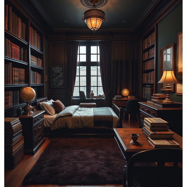 A masculine dark academia room featuring a twin bed, surrounded by rich wooden furniture and dark, moody lighting