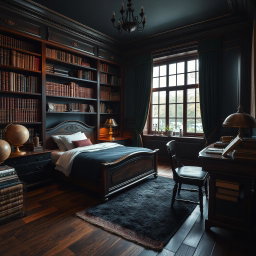 A masculine dark academia room featuring a twin bed, surrounded by rich wooden furniture and dark, moody lighting