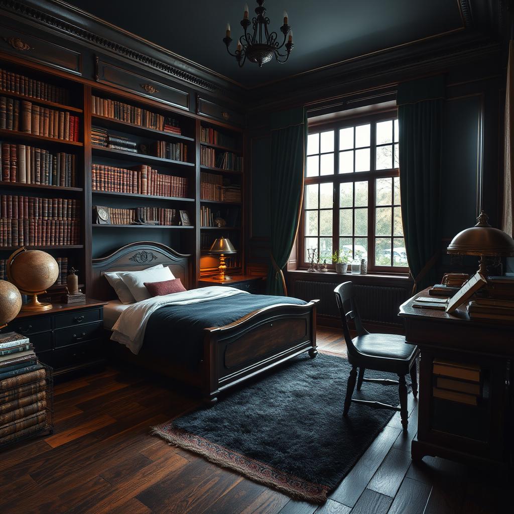 A masculine dark academia room featuring a twin bed, surrounded by rich wooden furniture and dark, moody lighting