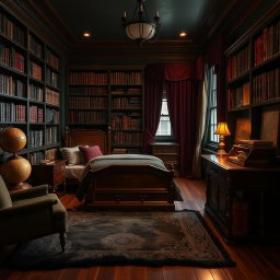 A masculine dark academia room featuring a twin bed, surrounded by rich wooden furniture and dark, moody lighting