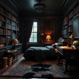A masculine dark academia room featuring a twin bed, surrounded by rich wooden furniture and dark, moody lighting