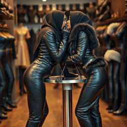 Two women wearing hijabs and niqabs, showing only their eyes, working in a store that sells tight leather women's clothing