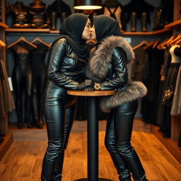 Two women wearing hijabs and niqabs, showing only their eyes, working in a store that sells tight leather women's clothing