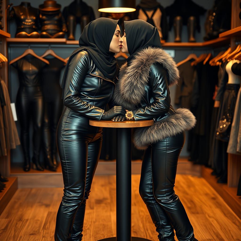 Two women wearing hijabs and niqabs, showing only their eyes, working in a store that sells tight leather women's clothing