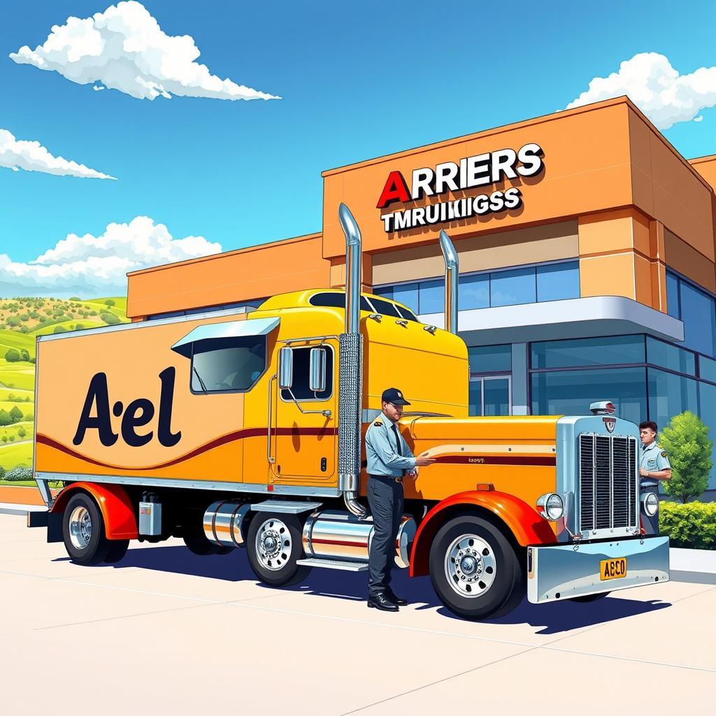 A vibrant and detailed illustration of a trucking company scene featuring a classic long-haul truck with the name "Axel" prominently displayed on the side of the truck in bold letters