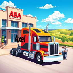A vibrant and detailed illustration of a trucking company scene featuring a classic long-haul truck with the name "Axel" prominently displayed on the side of the truck in bold letters
