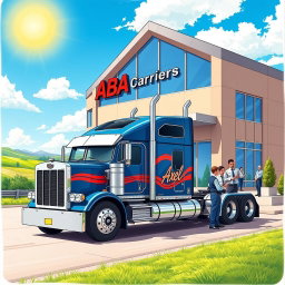 A vibrant and detailed illustration of a trucking company scene featuring a classic long-haul truck with the name "Axel" prominently displayed on the side of the truck in bold letters