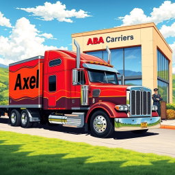 A vibrant and detailed illustration of a trucking company scene featuring a classic long-haul truck with the name "Axel" prominently displayed on the side of the truck in bold letters