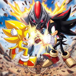 An explosive scene depicting a fierce battle between a golden Sonic and a golden Shadow, both in dynamic fighting poses showcasing their unique powers