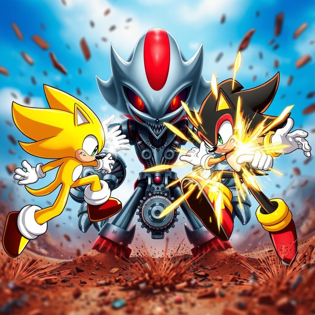 An explosive scene depicting a fierce battle between a golden Sonic and a golden Shadow, both in dynamic fighting poses showcasing their unique powers