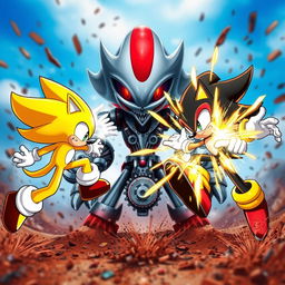 An explosive scene depicting a fierce battle between a golden Sonic and a golden Shadow, both in dynamic fighting poses showcasing their unique powers