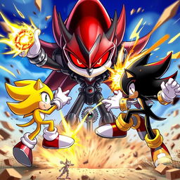 An explosive scene depicting a fierce battle between a golden Sonic and a golden Shadow, both in dynamic fighting poses showcasing their unique powers