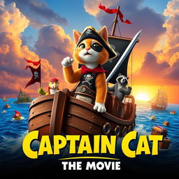 A vibrant and adventurous movie poster for 'Captain Cat: The Movie', featuring a heroic anthropomorphic cat dressed as a swashbuckling pirate, complete with a captain's hat, eyepatch, and a sword in hand