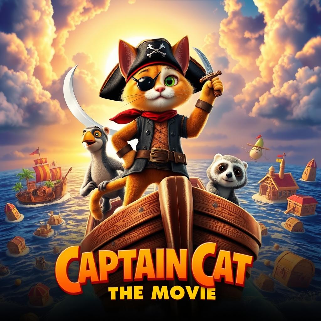 A vibrant and adventurous movie poster for 'Captain Cat: The Movie', featuring a heroic anthropomorphic cat dressed as a swashbuckling pirate, complete with a captain's hat, eyepatch, and a sword in hand