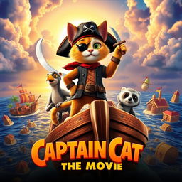 A vibrant and adventurous movie poster for 'Captain Cat: The Movie', featuring a heroic anthropomorphic cat dressed as a swashbuckling pirate, complete with a captain's hat, eyepatch, and a sword in hand