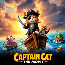 A vibrant and adventurous movie poster for 'Captain Cat: The Movie', featuring a heroic anthropomorphic cat dressed as a swashbuckling pirate, complete with a captain's hat, eyepatch, and a sword in hand