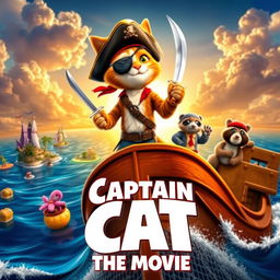 A vibrant and adventurous movie poster for 'Captain Cat: The Movie', featuring a heroic anthropomorphic cat dressed as a swashbuckling pirate, complete with a captain's hat, eyepatch, and a sword in hand